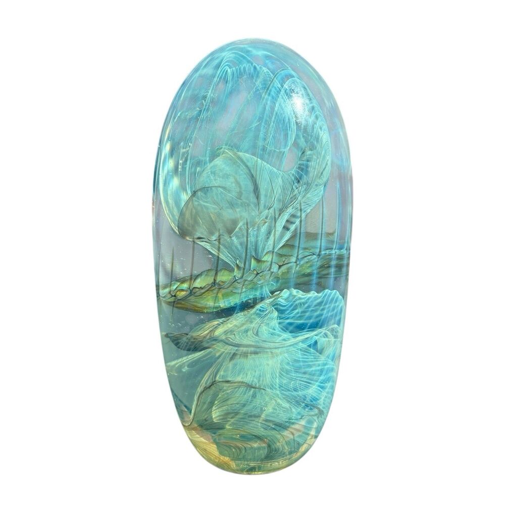 Vintage Bill Slade Turquoise Blue Veiled Art Glass Paperweight 5”